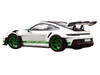 2022 Porsche 911 GT3 RS Weissach Pack White with Green Stripes And Carbon Hood and Top 1/18 Diecast Model Car Norev 187372