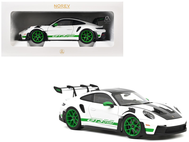 2022 Porsche 911 GT3 RS Weissach Pack White with Green Stripes And Carbon Hood and Top 1/18 Diecast Model Car Norev 187372