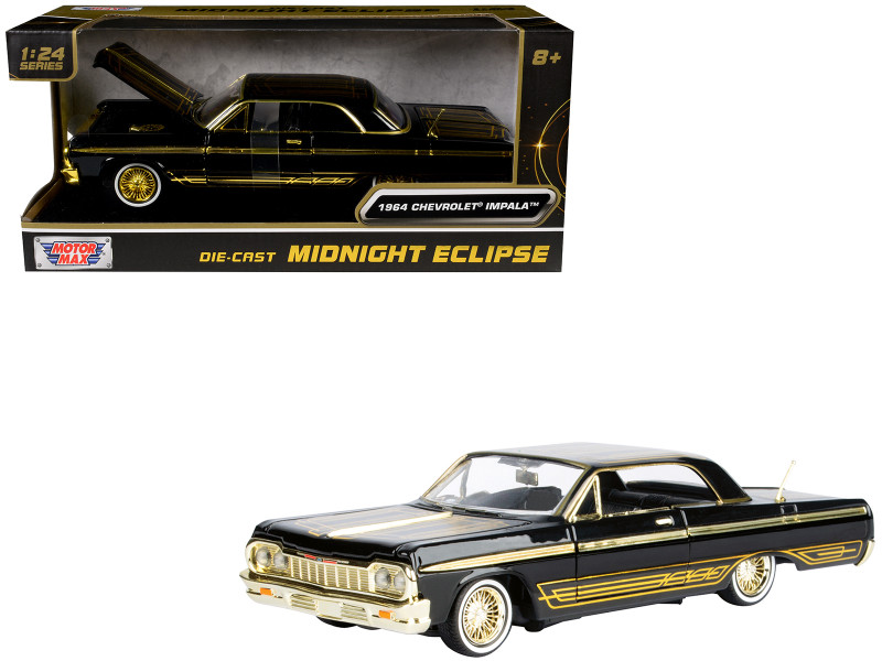 1964 Chevrolet Impala Lowrider Black with Gold Graphics and Wheels Midnight Eclipse Series 1/24 Diecast Model Car Motormax 79202BK