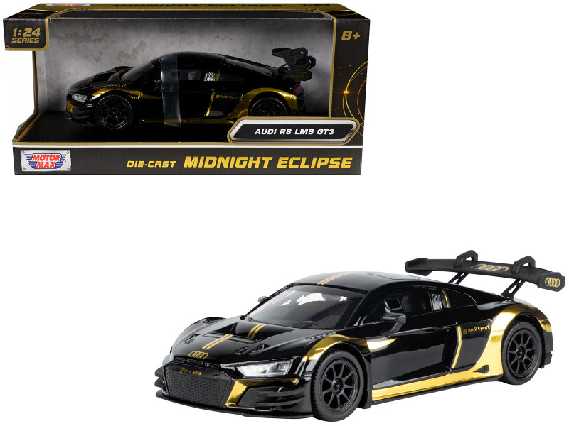 Audi R8 LMS GT3 Black with Gold Stripes and Graphics Midnight Eclipse Series 1/24 Diecast Model Car Motormax 79208BK