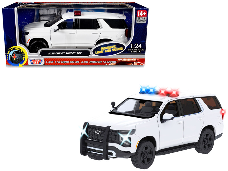 2025 Chevrolet Tahoe PPV White Builder s Kit with Flashing Light Bar and Front and Rear Lights and Sounds 1/24 Diecast Model Car Motormax 79623W