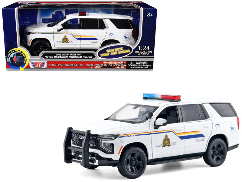 2025 Chevrolet Tahoe PPV RCMP Royal Canadian Mounted Police White with Stripes with Flashing Light Bar and Front and Rear Lights and Sounds 1/24 Diecast Model Car Motormax 79628