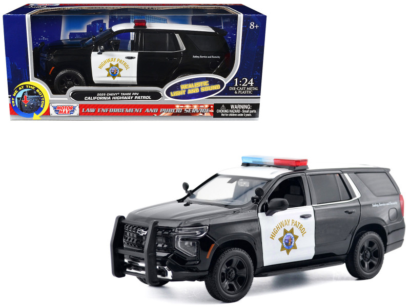 2025 Chevrolet Tahoe PPV CHP California Highway Patrol Black and White with Flashing Light Bar and Front and Rear Lights and Sounds 1/24 Diecast Model Car Motormax 79629