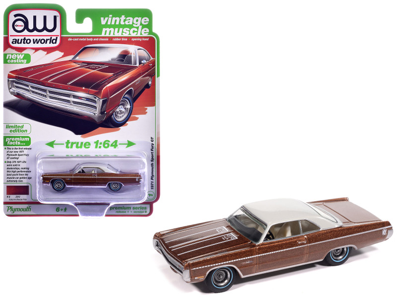 1971 Plymouth Sport Fury GT Autumn Bronze Metallic with White Graphics and Top Vintage Muscle Series 1/64 Diecast Model Car Auto World 64532-AWSP211B