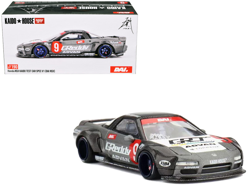 Honda NSX Kaido Test Car Spec V1 #9 Gray Metallic with Carbon Top and Graphics Designed by Jun Imai Kaido House Special 1/64 Diecast Model Car Mini GT KHMG190