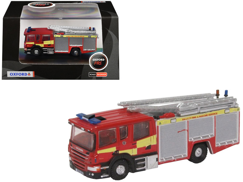 Scania Pump Ladder Fire Engine Surrey Fire and Rescue Red with Yellow Stripes 1/148 (N) Scale Diecast Model Car Oxford Diecast NSFE007