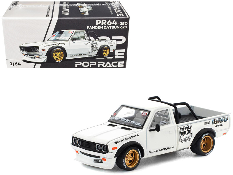 Datsun Pandem 620 Pickup Truck Rocket Bunny Racing White with Graphics 1/64 Diecast Model Car Pop Race PR640350