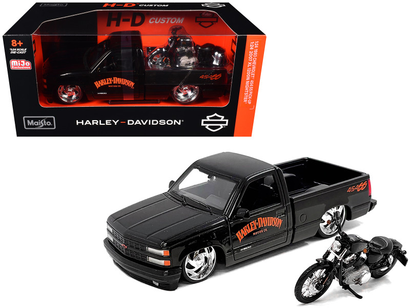 1993 Chevrolet 454 SS Pickup Truck Harley Davidson Black and 2007 Harley-Davidson XL 1200N Nightster Motorcycle Black H-D Custom Series 1/24 Diecast Model Car Maisto 32276-BLK