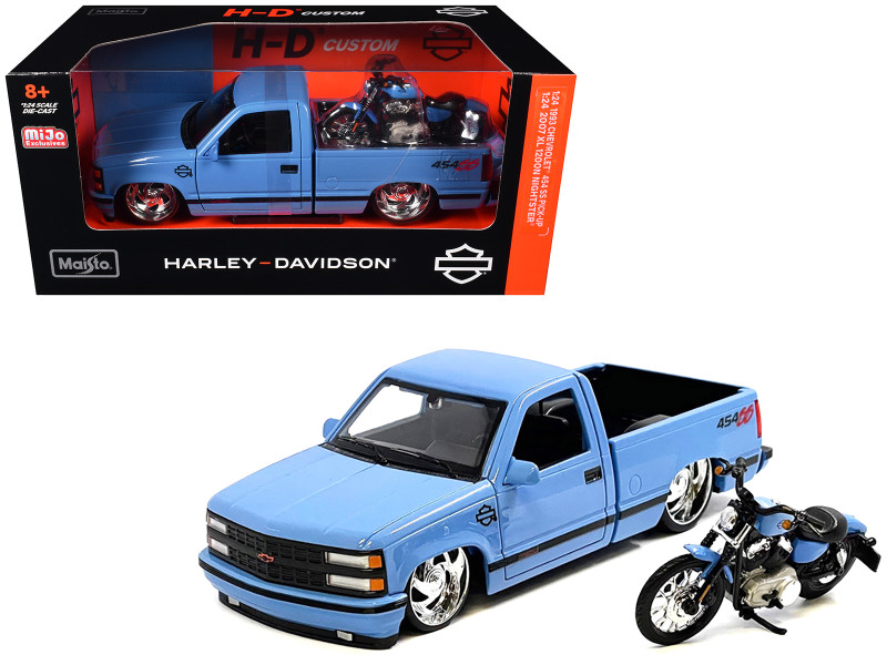 1993 Chevrolet 454 SS Pickup Truck Harley Davidson Light Blue and 2007 Harley-Davidson XL 1200N Nightster Motorcycle Light Blue H-D Custom Series 1/24 Diecast Model Car Maisto 32276-CBL