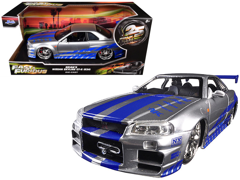 Brian's Nissan GTR Skyline R34 RHD Right Hand Drive Silver with Blue Stripes Fast & Furious 25th Anniversary 1/24 Diecast Model Car Jada 97158-25TH