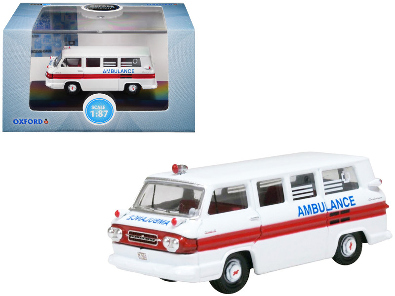 1962 Chevrolet Corvair Greenbrier AmbleWagon Ambulance White with Red Stripes 1/87 (HO) Scale Diecast Model Car Oxford Diecast 87CG61002
