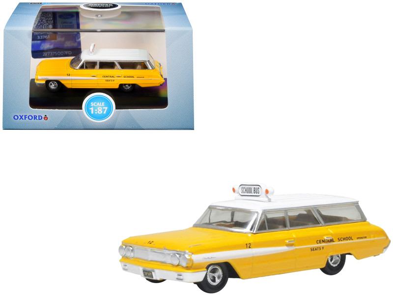 1964 Ford Country Station Wagon Central School Bus Yellow with White Top 1/87 HO Scale Diecast Model Car Oxford Diecast 87FC64002