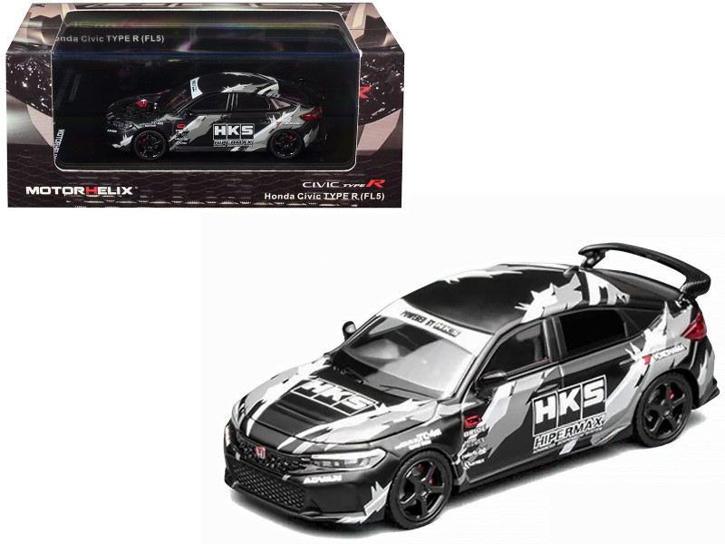 Honda Civic Type R FL5 RHD Right Hand Drive HKS Matt Black with Graphics 1/64 Diecast Model Car MotorHelix M65320