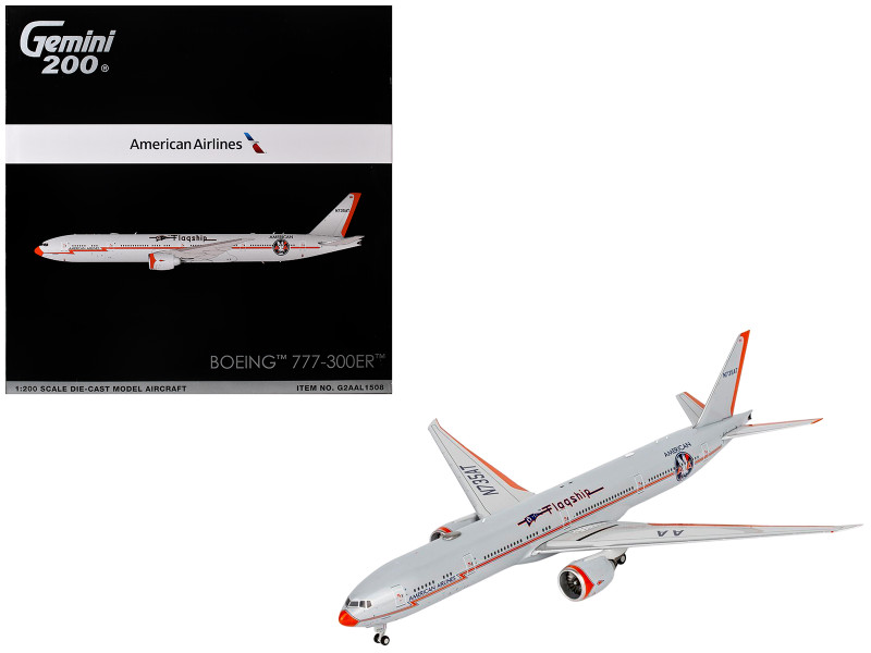 Boeing 777-300ER Commercial Aircraft American Airlines - Flagship DFW N735AT Silver with Otange Stripes Gemini 200 Series 1/200 Diecast Model GeminiJets G2AAL1508