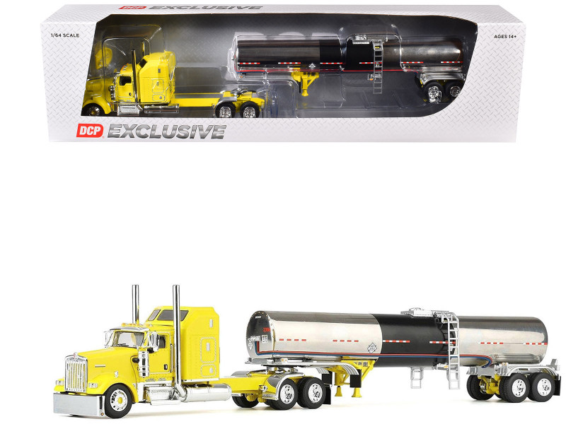 Kenworth W900L with 60" Aerodyne Sleeper and Brenner Tank Trailer Double C Transport Yellow 1/64 Diecast Model DCP/First Gear 60-2147
