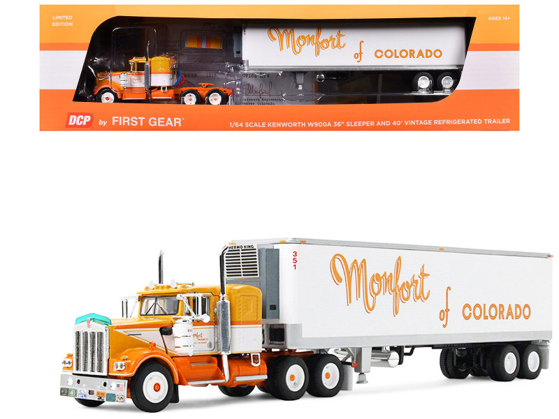 Kenworth W900A with 36" Sleeper and 40' Vintage Trailer with Reefer Monfort of Colorado Orange and White Fallen Flag #50 1/64 Diecast Model DCP/First Gear 69-1860