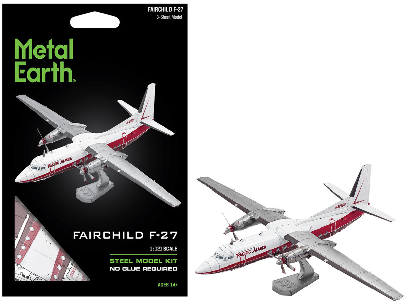 Model Kit Fairchild F-27 Commercial Aircraft Pacific Alaska White with Red Stripes Moderate Difficulty Steel Model Metal Earth ME1049