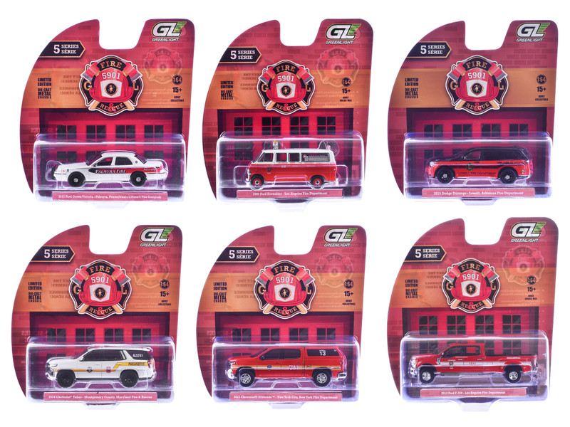 Fire & Rescue Series #5 Set of 6 Cars 1/64 Diecast Model Cars Greenlight 67070SET