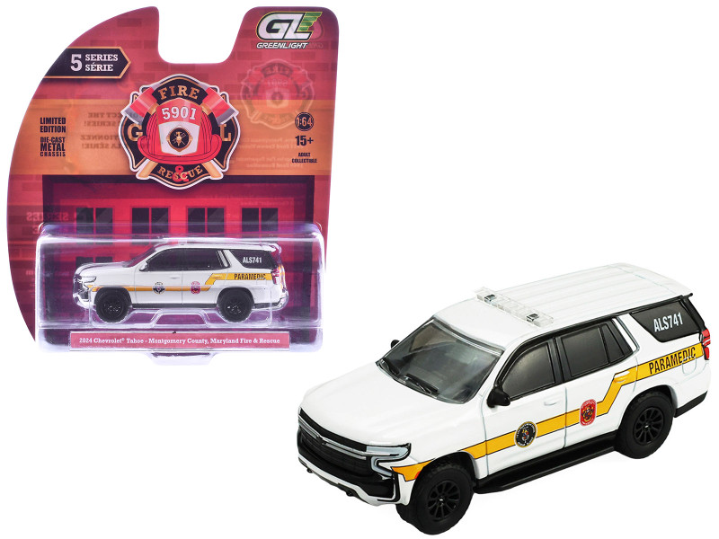 2024 Chevrolet Tahoe Montgomery County Maryland Fire & Rescue Bethesda-Chevy Chase Rescue Squad White with Yellow Stripes Fire & Rescue Series #5 1/64 Diecast Model Car Greenlight 67070D