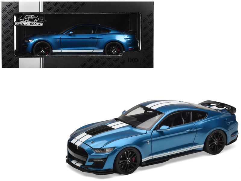 2022 Ford Mustang Shelby GT500 Blue Metallic with White Stripes 1/18 Diecast Model Car IXO Models 18RDC244-FO