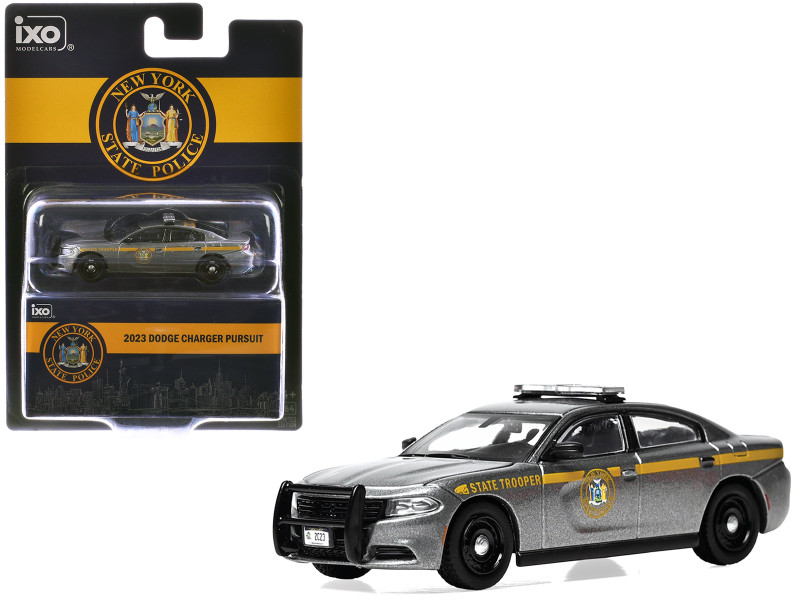 2023 Dodge Charger Pursuit New York State Police Gray Metallic with Yellow Stripes 1/64 Diecast Model IXO Models IA64025