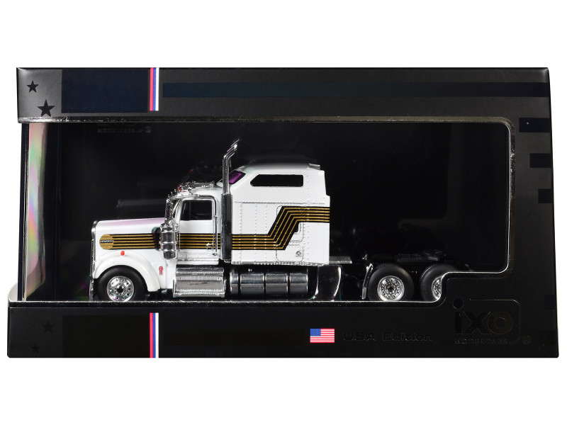 1995 Kenworth W900 Truck Tractor White with Black and Gold Stripes 1/64 Diecast Model IXO Models U64TR011
