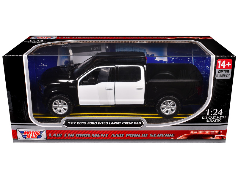 2019 Ford F-150 Lariat Crew Cab Pickup Truck Unmarked Plain Black and White Custom Builder's Kit - Law Enforcement and Public Service Series 1/24-1/27 Diecast Model Car Motormax 76981BW-BB