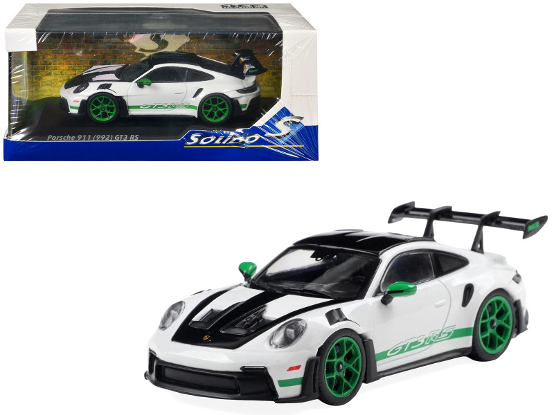 2023 Porsche 911 (992) GT3 RS Tribute to Carrera RS Package White with Green Stripes and Black Hood and Top 1/43 Diecast Model Car Solido S4314801