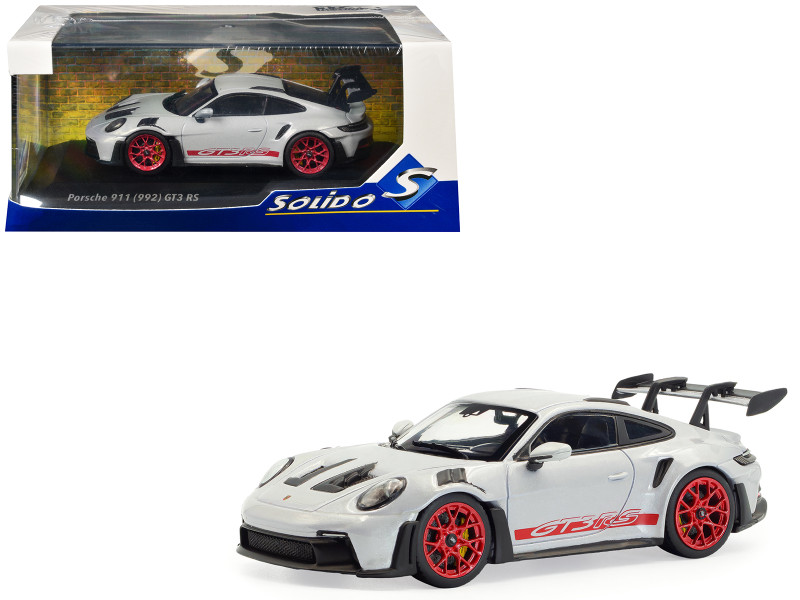 2023 Porsche 911 (992) GT3 RS Ice Gray Metallic with Pyro Red Stripes 1/43 Diecast Model Car Solido S4314802