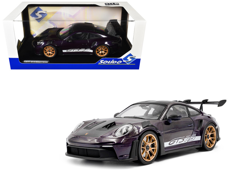 2024 Porsche 911 GT3 RS Weissach Package Viola Purple Metallic with Carbon Hood Stripes and Top 1/18 Diecast Model Car Solido S1812103