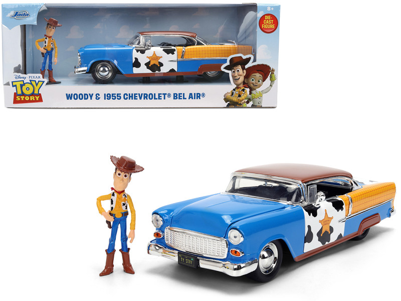 1955 Chevrolet Bel Air Blue with Graphics and Woody Diecast Figure Toy Story Franchise Hollywood Rides Series 1/24 Diecast Models Jada 37430