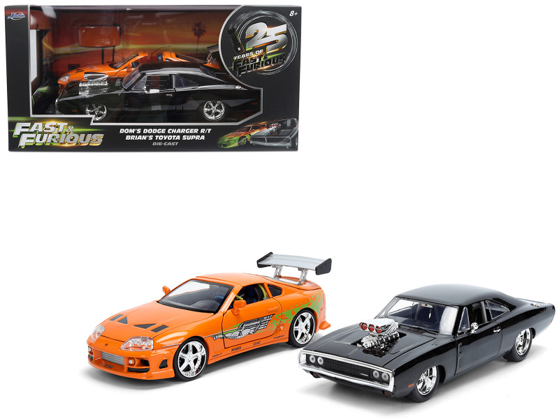 Dom's 1970 Dodge Charger R/T Black and Brian's Toyota Supra Orange with Graphics Set of 2 Cars Fast & Furious 25th Anniversary Fast & Furious Series 1/24 Diecast Model Cars Jada 37542