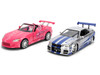 Brian's Nissan Skyline GT-R (R34) Silver Metallic with Blue Stripes and Suki's Honda S2000 Pink with Graphics Set of 2 Cars Fast & Furious 25th Anniversary Fast & Furious Series 1/24 Diecast Model Cars Jada 37543