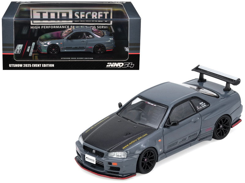 Nissan Skyline GT-R R34) Top Secret RHD Right Hand Drive Stealth Gray with Carbon Hood GTSHOW 2025 Event Edition 1/64 Diecast Model Car Inno Models IN64-R34TS-GTSHOW25