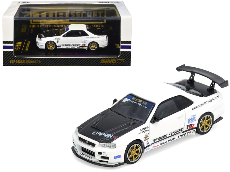 Nissan Skyline GT-R R34 Top Secret RHD Right Hand Drive White with Carbon Hood 1/64 Diecast Model Car Inno Models IN64-R34TS-WHI