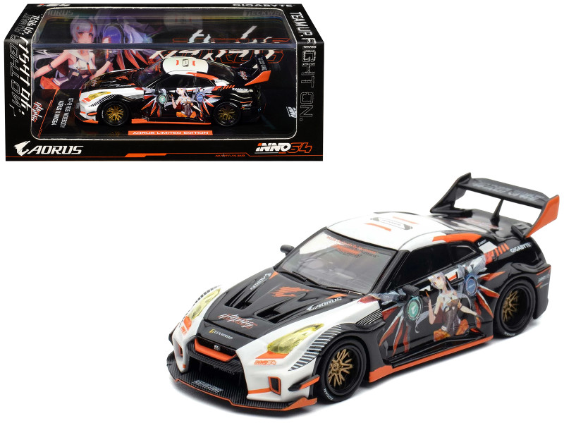 Nissan GT-R R35 Widebody RHD Right Hand Drive Black and White with Graphics AORUS X INNO64 Limited Edition 1/64 Diecast Model Car Inno Models IN64-R35LB-AORUS