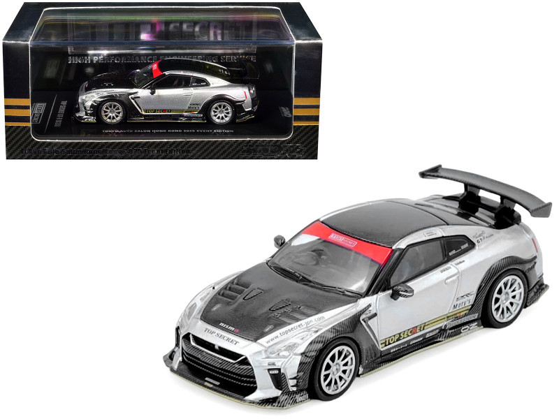 Nissan GT-R R35 Top Secret RHD Right Hand Drive Silver Metallic with Carbon Hood and Top Tokyo Auto Salon Hong Kong 2025 Event Edition 1/64 Diecast Model Car Inno Models IN64-R35TS-TASHK25