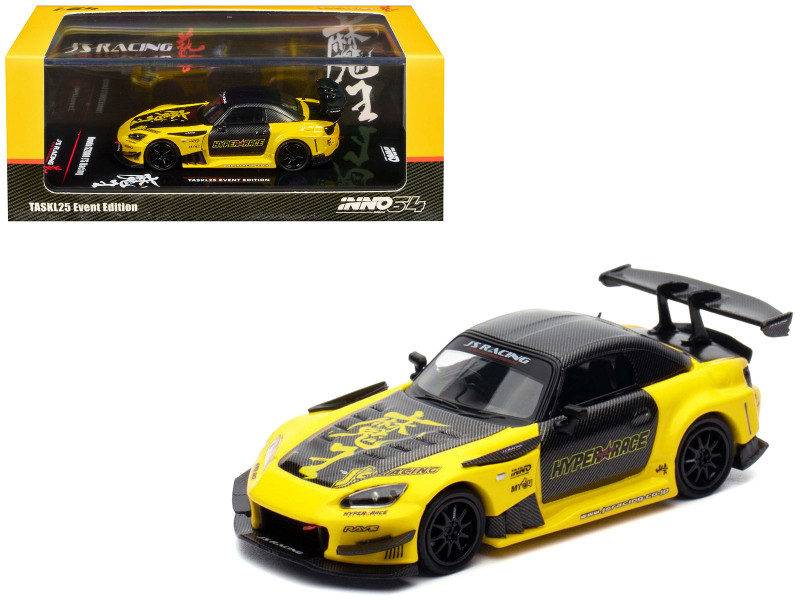 Honda S2000 RHD Right Hand Drive J's Racing Yellow with Carbon Hood and Top with Graphics Tokyo Auto Salon Kuala Lumpur 2025 Event Edition 1/64 Diecast Model Car Inno Models IN64-S2000JS-TASKL25