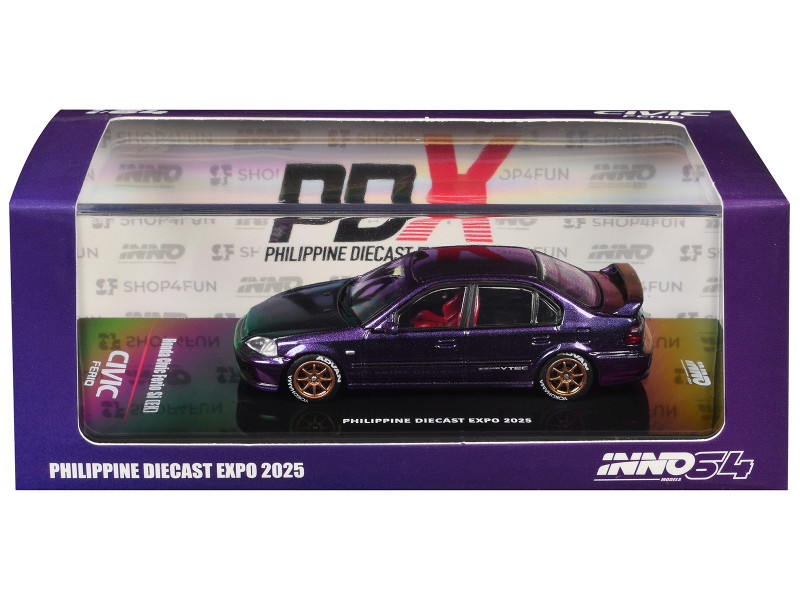 Honda Civic Ferio Si EK RHD Right Hand Drive Midnight Purple Metallic Philippine Diecast Expo 2025 Event Edition 1/64 Diecast Model Car Inno Models IN64-EKS-MP-PDX25