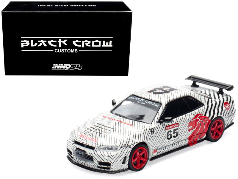 Nissan Skyline GT R R34 RHD Right Hand Drive #65 Black Crow White with Black Pinstripes Singapore Diecast Expo 2025 Event Edition 1/64 Diecast Model Car Inno Models IN64-R34-BC-SGDE25