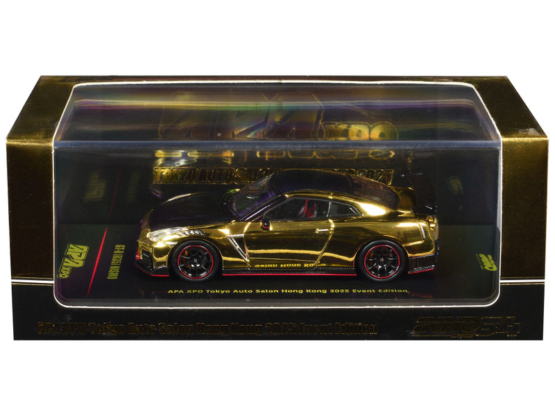 Nissan GT R R35 Nismo RHD Right Hand Drive Gold Chrome with Carbon Hood and Top APA XPO Tokyo Auto Salon Hong Kong 2025 Event Edition 1/64 Diecast Model Car Inno Models IN64-R35N-APAXPO-TASHK25