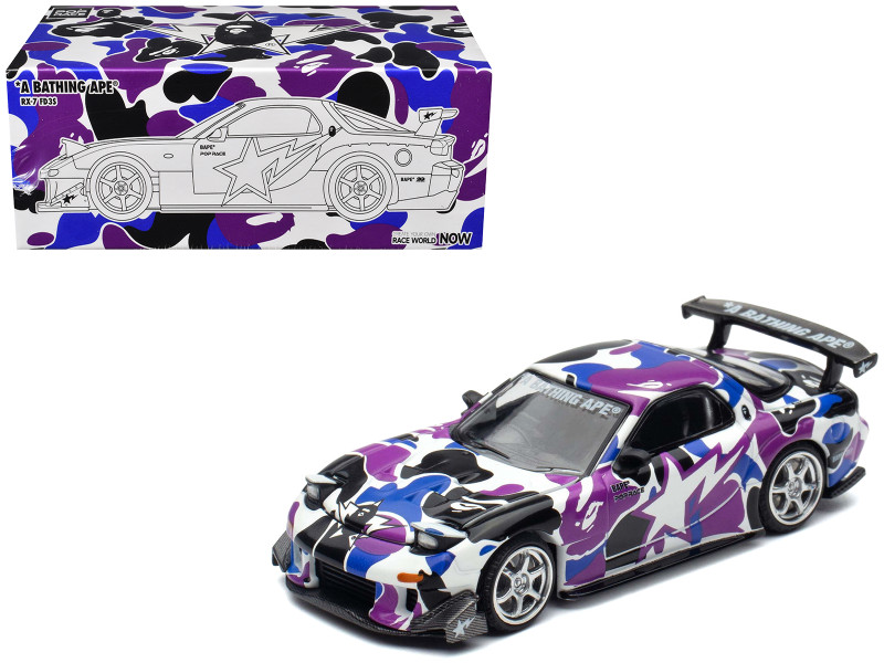 Mazda RX-7 FD3S RHD Right Hand Drive BAPE A Bathing Ape Purple Camouflage 1/64 Diecast Model Car Pop Race PR640493
