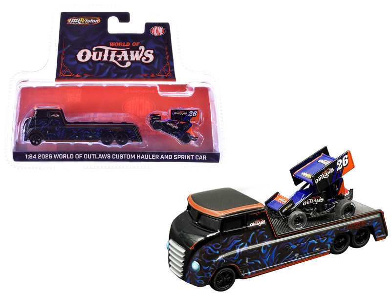 World Of Outlaws 2026 Winged Sprint Car #26 Black with Stripes and Custom Hauler Black with Graphics 1/64 Diecast Model Cars ACME SC64009