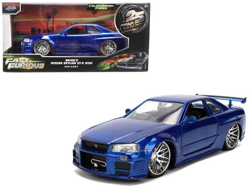 Brian's Nissan Skyline GT-R (R34) RHD Right Hand Drive Blue Color Brush Finish 25 Years of Fast & Furious Anniversary 2 Fast 2 Furious 2003 Movie Fast & Furious 1/24 Diecast Model Car Jada 37704