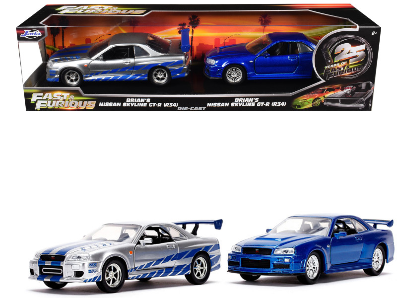 Brian s Nissan Skyline GT R BNR34 Silver with Blue Stripes and Nissan GT R BNR34 Blue Metallic Set of 2 pieces 25 Years of Fast & Furious Series 1/32 Diecast Model Cars Jada 31980-25TH