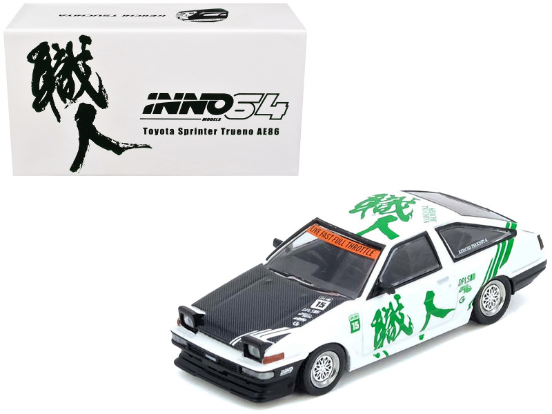 Toyota Sprinter Trueno AE86 RHD Right Hand Drive #15 Keiichi Tsuchiya White with Green Graphics 1/64 Diecast Model Car Inno Models IN64-AE86-KT