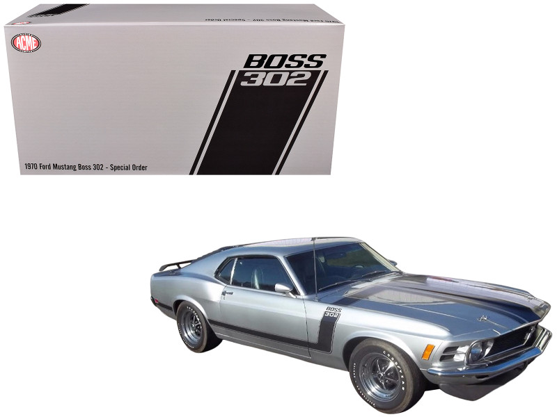 1970 Ford Mustang BOSS 302 Special Order Light Silver Metallic with Black Stripes Limited Edition to 302 pieces Worldwide 1/18 Diecast Model Car ACME A1801893
