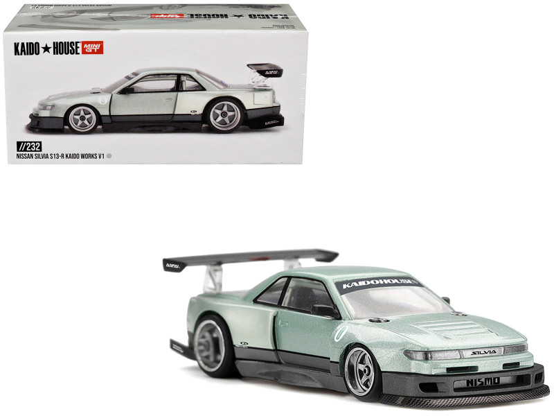 Nissan Silvia S13-R Kaido Works V1 RHD Designed by Jun Imai Light Green Metallic Kaido House Special 1/64 Diecast Model Car Mini GT KHMG232