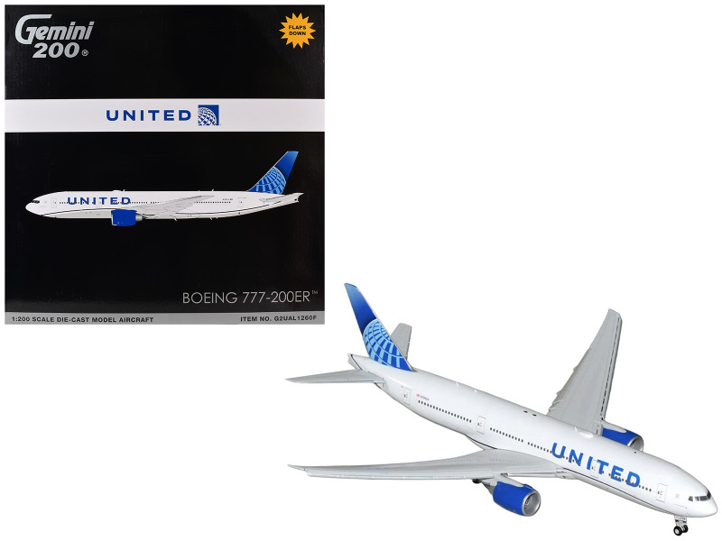 Boeing 777-200ER Commercial Aircraft with Flaps Down United Airlines N798UA White with Blue Tail Gemini 200 Series 1/200 Diecast Model GeminiJets G2UAL1260F