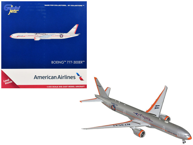 Boeing 777-300ER Commercial Aircraft American Airlines - Flagship DFW N735AT Silver with Orange Stripes 1/400 Diecast Model GeminiJets GJAAL2406